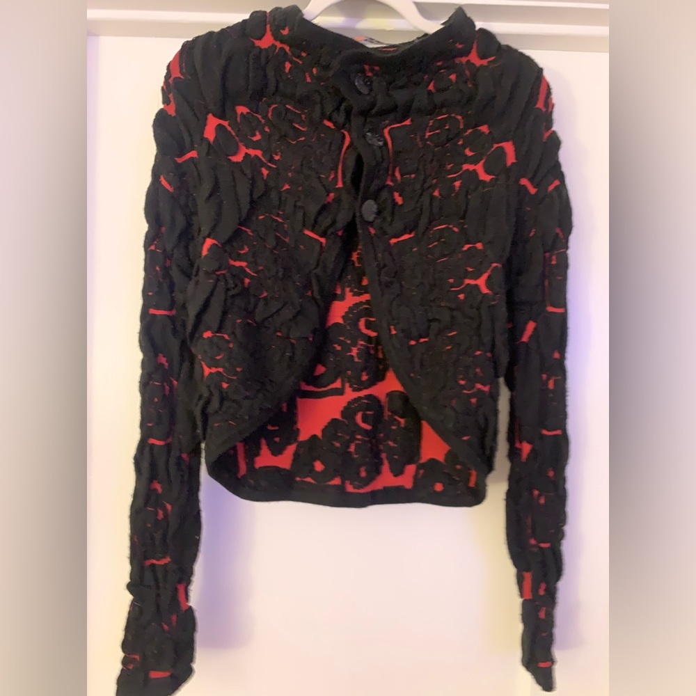 Desigual Womens Crop Top Knit Red Black Button Up Sweater